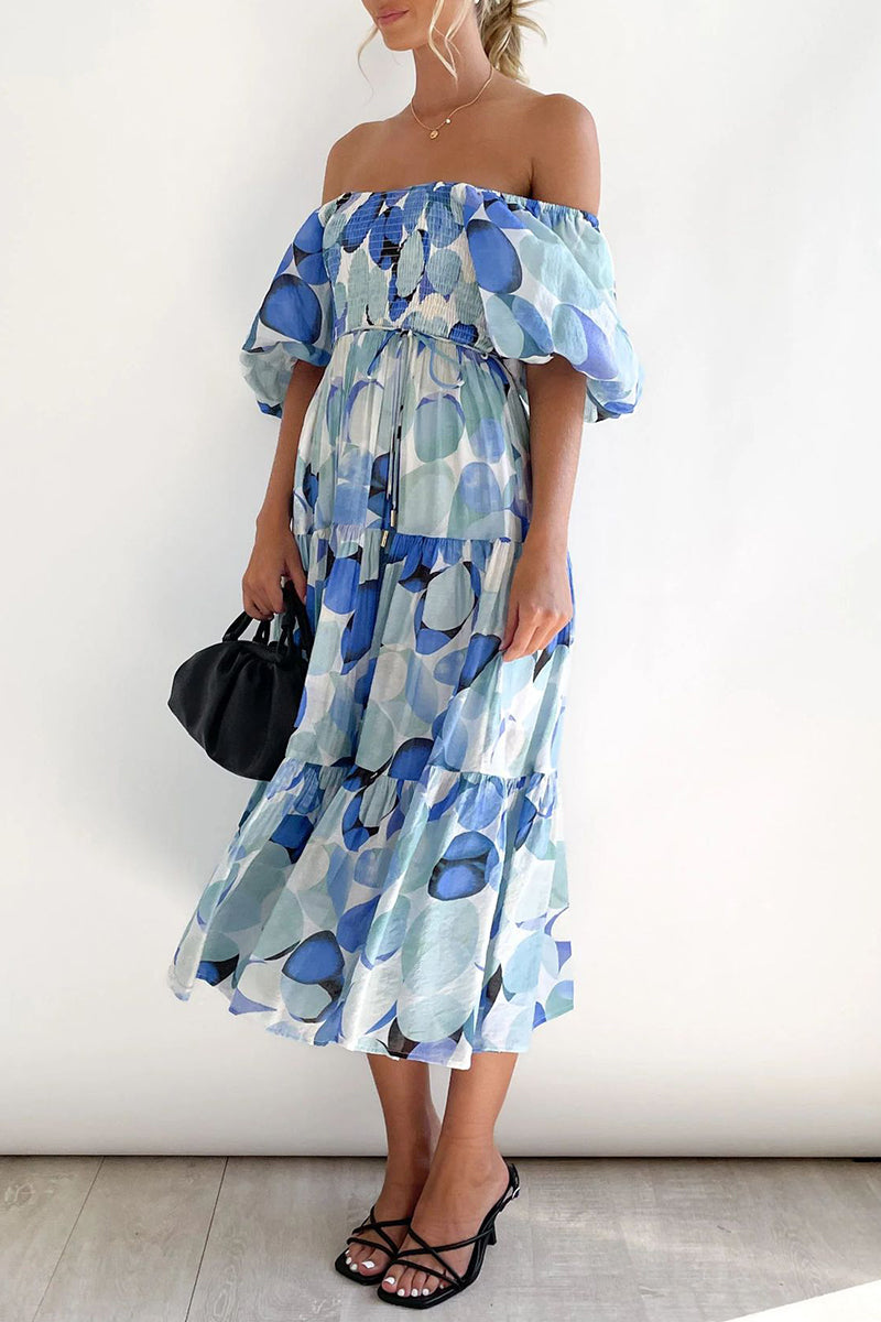 Sweet Elegant Print Asymmetrical Off the Shoulder Printed Dress Dresses