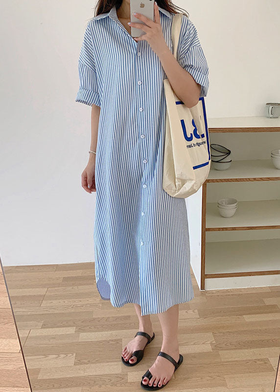 Simple Blue Striped long shirts Cotton Dress Short Sleeve