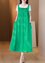 Stylish Green Jacquard Spaghetti Strap Dress Silk Two Pieces Set Summer