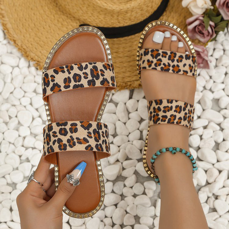 Leopard Print Seam Two Straps Outdoor Casual Slippers