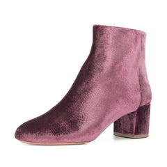 Plum Velvet Short Boots Round Toe Chunky Heel Fashion Ankle Boots