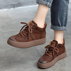 Classic Leather Lace-Up High Top Mid-heel Boots