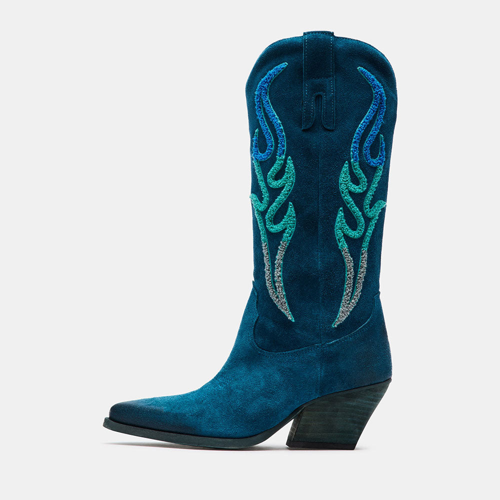 Teal Vegan Suede Gradient Flame Embroidered Mid-calf Cowgirl Boots