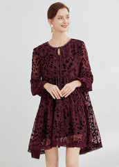 Boho Mulberry O-Neck Lace Up Silk Velour Mid Dress Long Sleeve