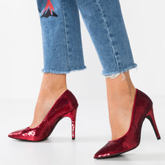 Burgundy Sequined Stiletto Heels Pointed Toe Office Shoes Party Pumps