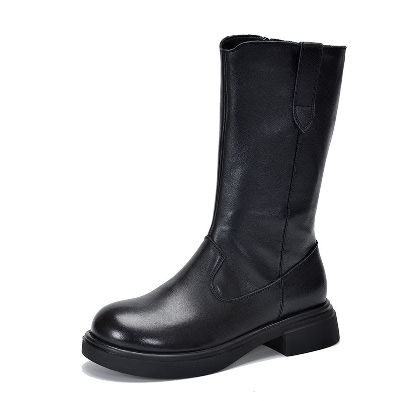 Classic Leather Side Zipper Knight Boots