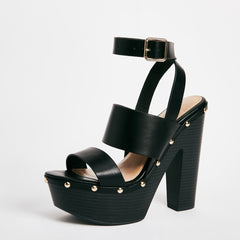 Black Leather Opened Toe Slingback Ankle Strappy Buckled Platform Studded Sandals With Chunky Heels