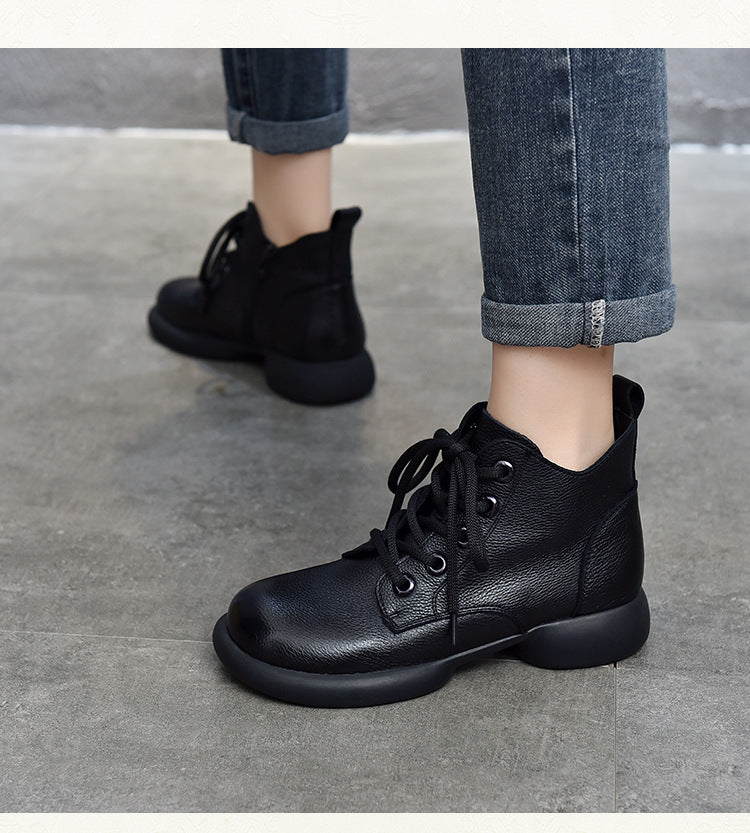 British Style Leather Lace-Up High Top Short Boots