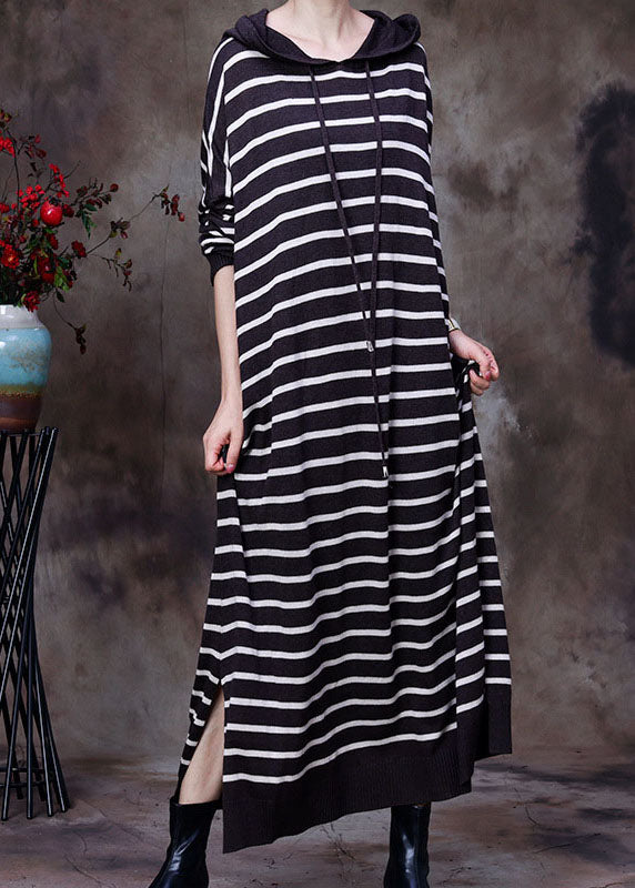 Elegant coffee drawstring Hooded Striped Knit Long Dresses