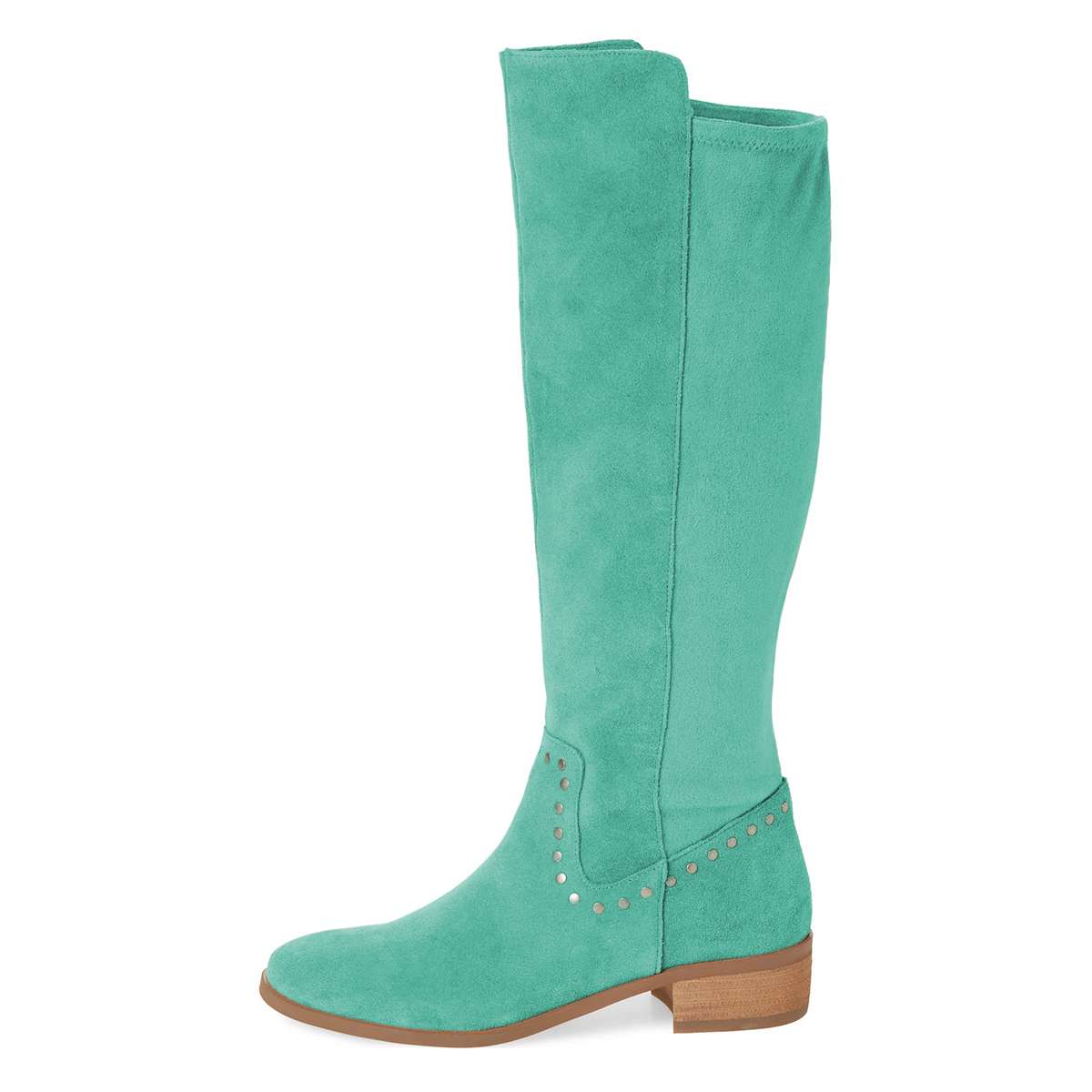 Cyan Vegan Suede Low Block Heel Studs Knee High Boots