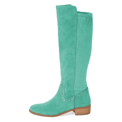 Cyan Vegan Suede Low Block Heel Studs Knee High Boots