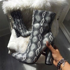 Grey Snakeskin Boots Cylindrical Heel Fashion Ankle Boots