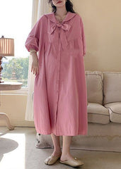 Loose Pink Lace Up Button Cotton Blouses Dress Long Sleeve