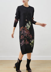 Silm Fit Black Print Side Open Long Knit Dress Spring