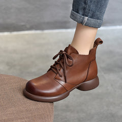 Vintage Leather Round Toe Lace-Up Boots