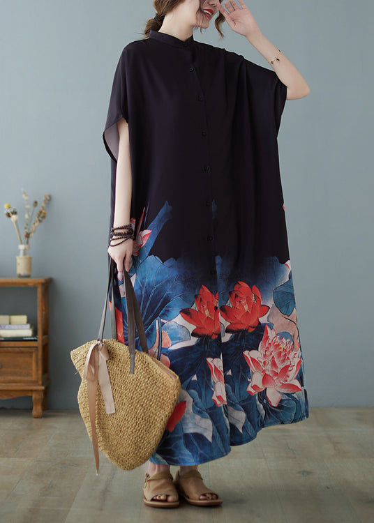 Bohemian Black Stand Collar Oversized Floral Print Chiffon Dress Summer