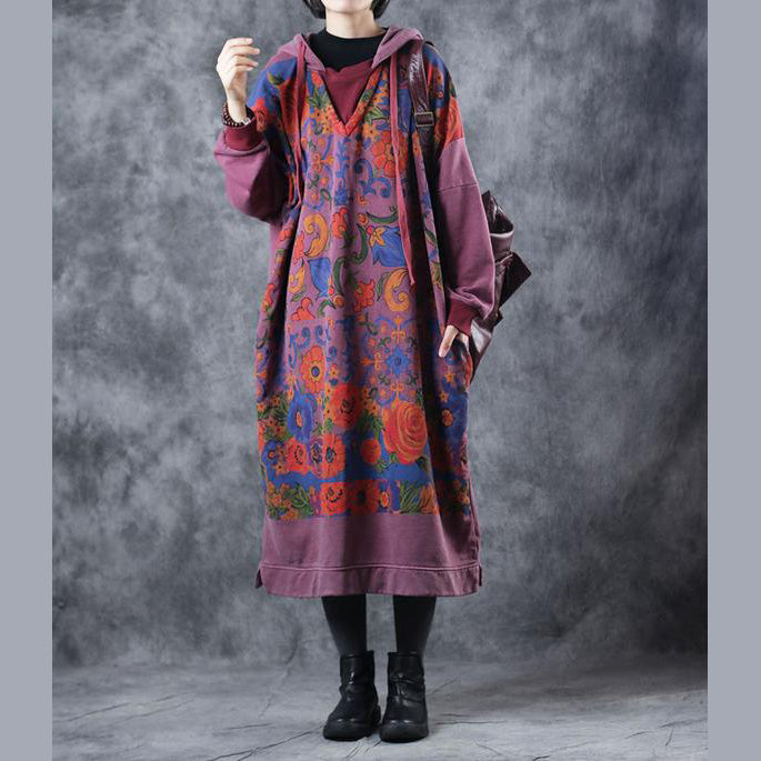 Vintage Loose Hoodie Print Long Fleece Dresses