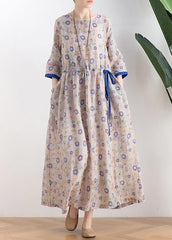 Literary small daisy mid-length dress waist ming 2021 new ramie printed