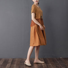 Splicing Round Neck Short Sleeve Orange Dress