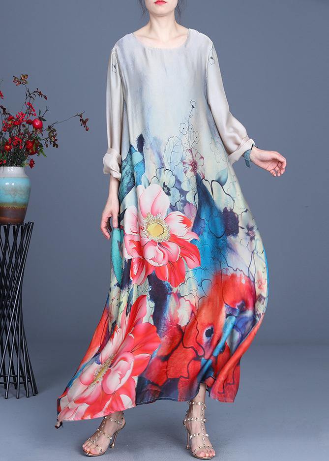 Bohemian Grey Print asymmetrical design Silk Summer Mid Dress