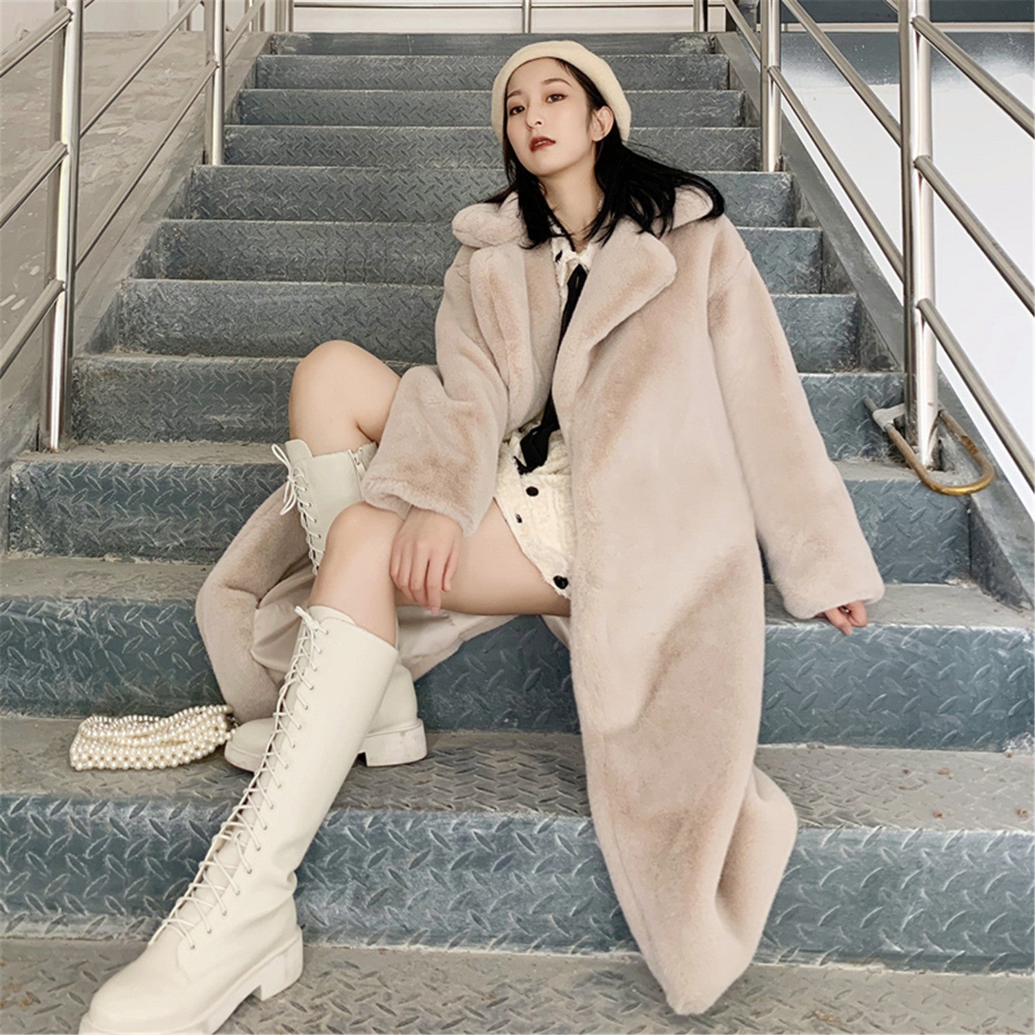 Long imitation rabbit fur coat