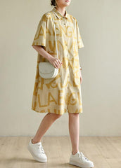 Casual Yellow Cinched Peter Pan Collar Cotton Dress Graphic Dress