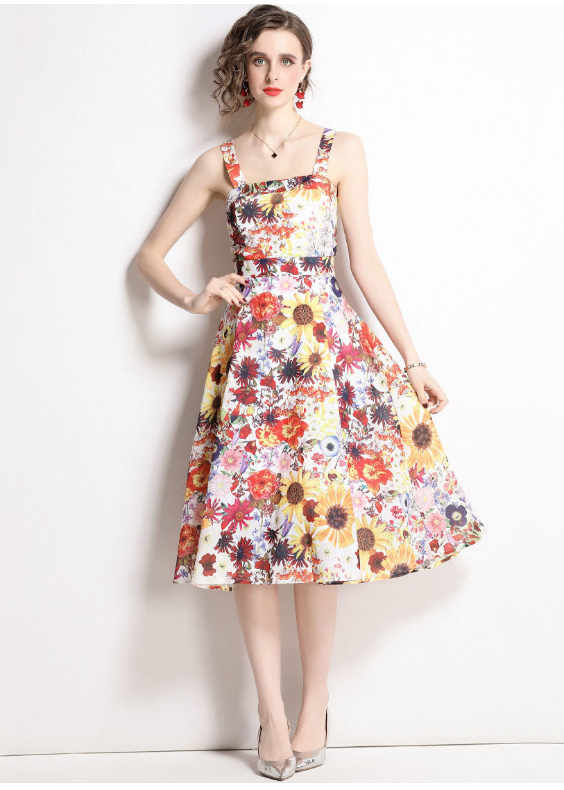 Art Floral Print Patchwork Chiffon Spaghetti Strap Dress Summer