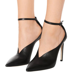 Black Pointy Toe Stiletto Heels Ankle Strap Heels Office Shoes