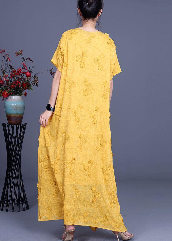 Casual Yellow 3D Floral Summer Linen Dress