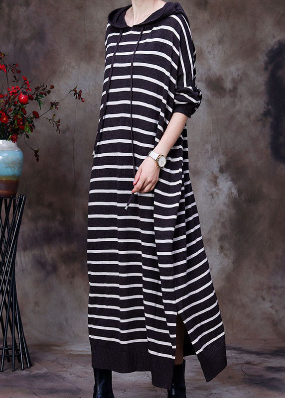 Elegant coffee drawstring Hooded Striped Knit Long Dresses