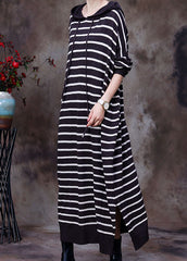 Elegant coffee drawstring Hooded Striped Knit Long Dresses