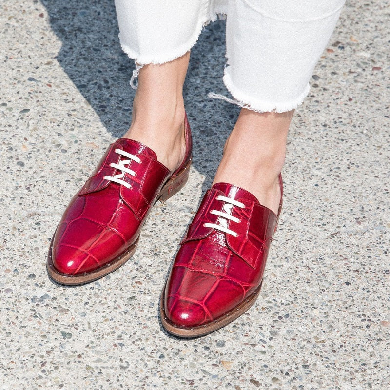 Burgundy Women's Oxfords Croco Embossed Lace up Flats Vintage Shoes