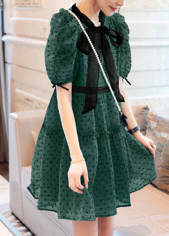 Art Green O-Neck Ruffled Dot Patchwork Bow Chiffon Mid Dress Puff Sleeve