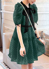 Art Green O-Neck Ruffled Dot Patchwork Bow Chiffon Mid Dress Puff Sleeve