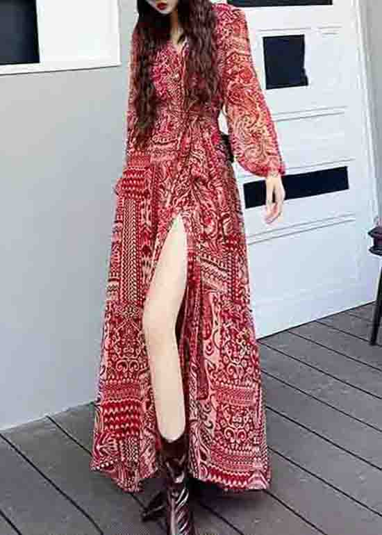 Fashion Wine Red V Neck Print Side Open Patchwork Long Dresses Fall