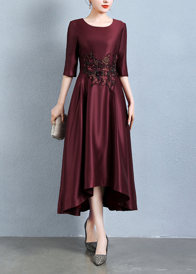 Italian Wine Red Embroideried Pockets Patchwork Silk Dress Half Sleeve