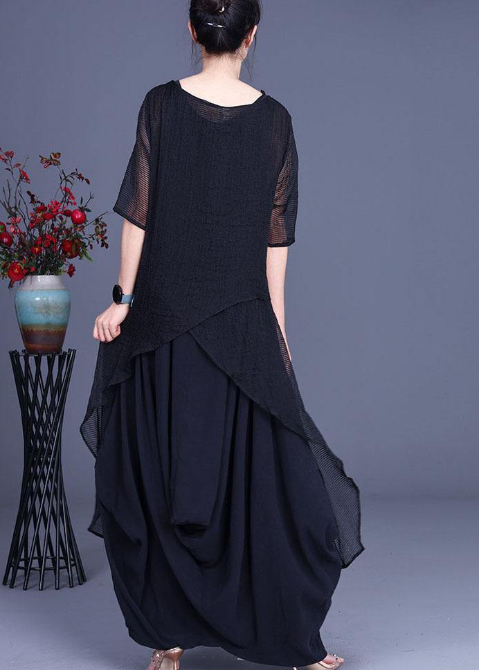 Art Black Elegant Asymmetrical O-Neck Summer Dresses Two Pieces Set