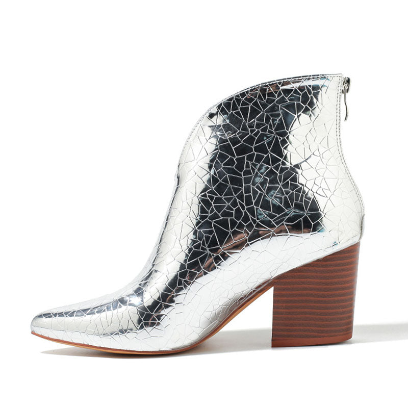 Metallic Sheen V Cut Pointed Toe Silver Chunky Heels Ankle Boots