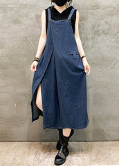 French Blue Pockets Side Open Denim Straps Dress Sleeveless