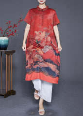 Elegant Red Peter Pan Collar Print Silk Robe Dresses Summer