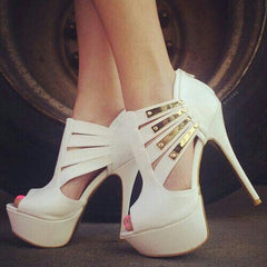 White Peep Toe Platform Heels Metal Hollow out Summer Boots