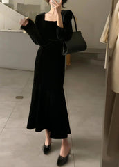 Slim Fit Black Square Collar Silk Velvet Long Dresses Long Sleeve