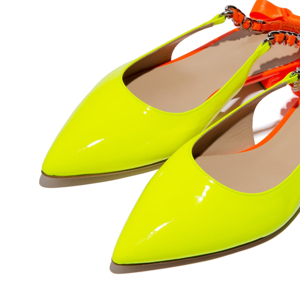 Neon Yellow Patent Leather Flat Slingback Shoes