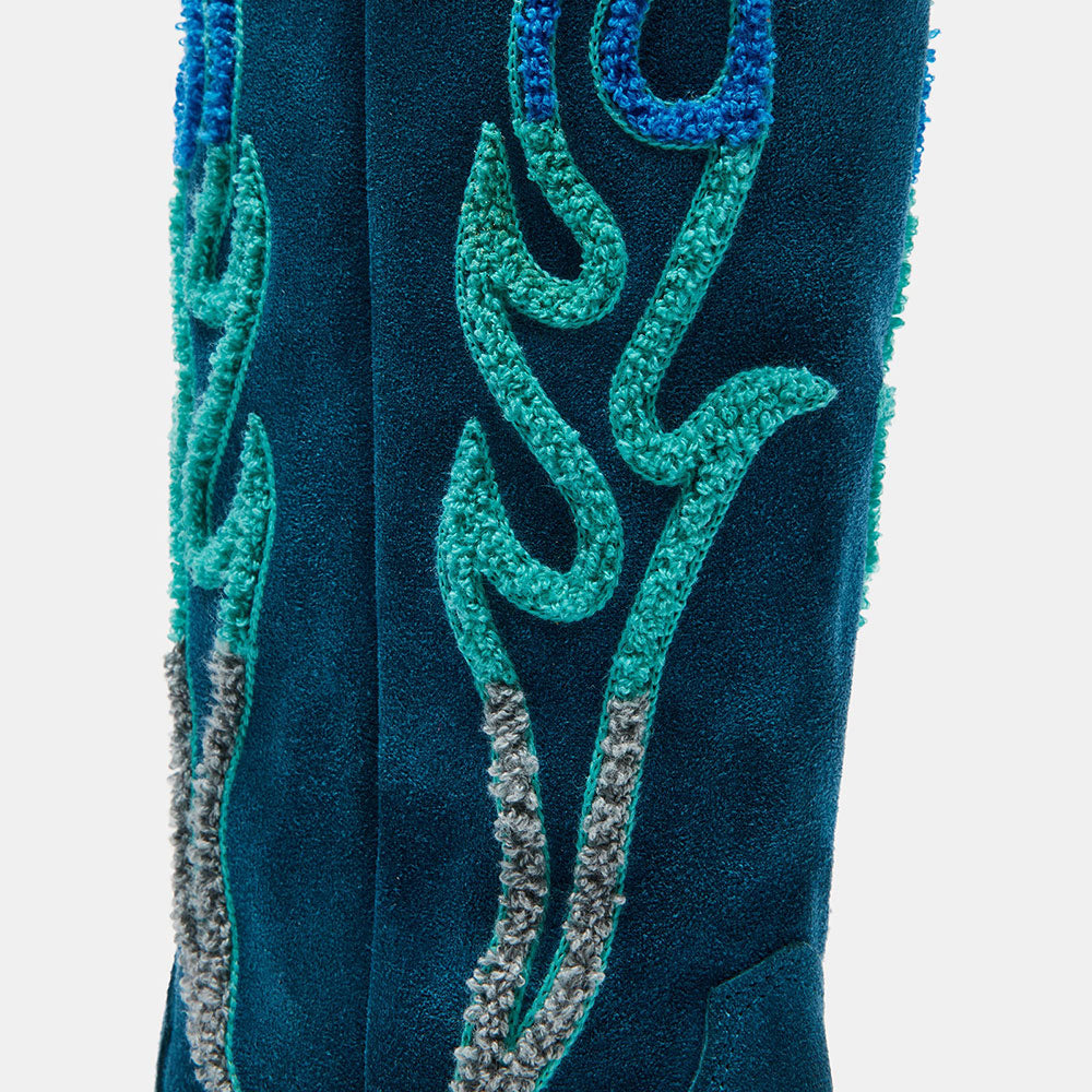 Teal Vegan Suede Gradient Flame Embroidered Mid-calf Cowgirl Boots