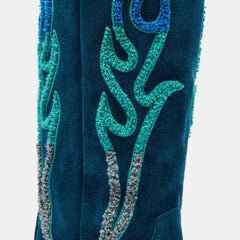 Teal Vegan Suede Gradient Flame Embroidered Mid-calf Cowgirl Boots