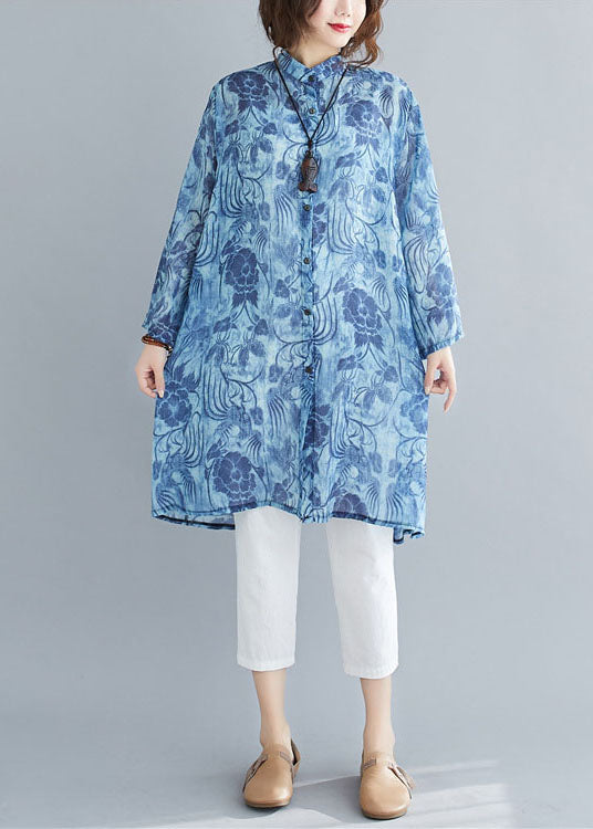 Casual Blue Print Button Patchwork Linen Mid Shirts Dress Spring