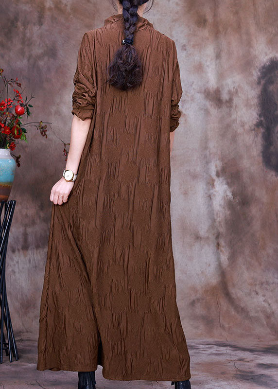 Natural Coffee Turtle Neck Pockets Silk Dress