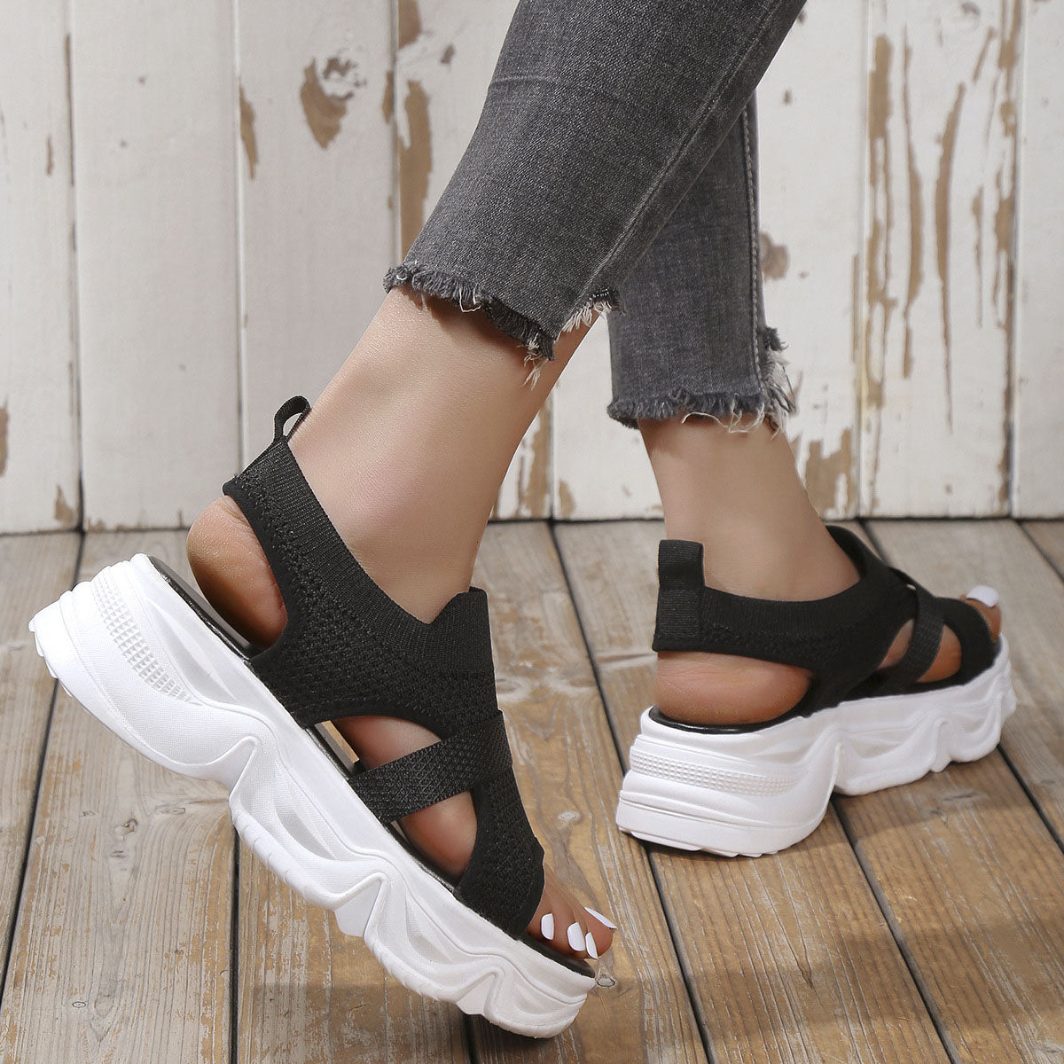 Knit Mesh Strap Open Toe Mid Heel Platform Casual Sandals