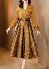 Classy Yellow V Neck Jacquard Tie Waist Patchwork Silk Dress Fall