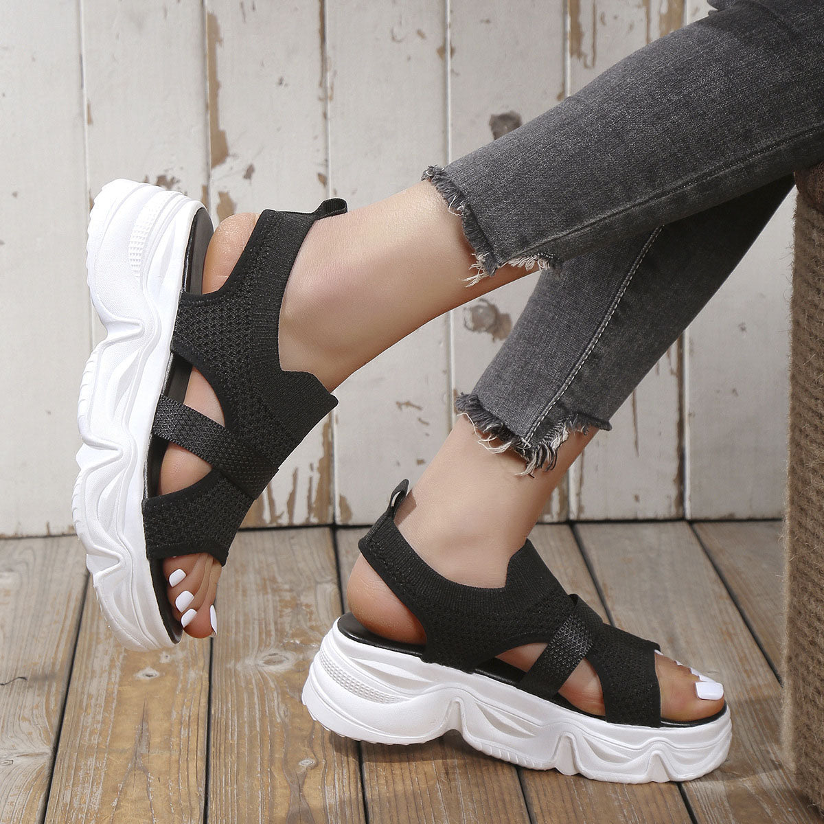 Knit Mesh Strap Open Toe Mid Heel Platform Casual Sandals